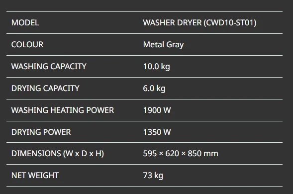 Coway Washer Dryer Specifications